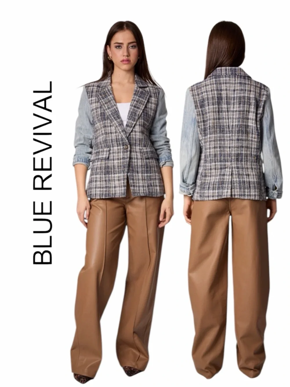 Blue‎ Revival Women's Blue Plaid Blazer Vest with Denim Sleeves - Size M
